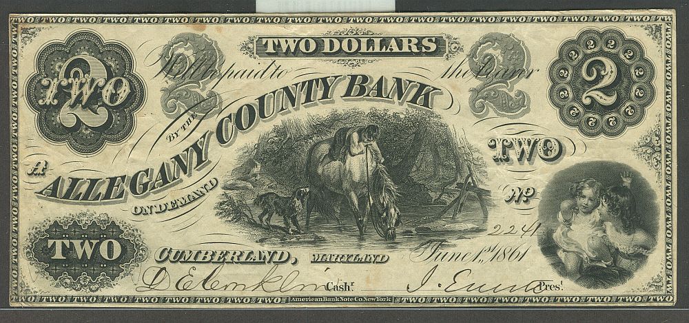 Cumberland, MD, Allegany County Bank, 1861 $2, 2241, Ch.VF